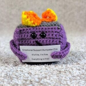 Purple Emotional Support Dumpster Fire Crochet Plushie Funny‎ Gift Desk Decor